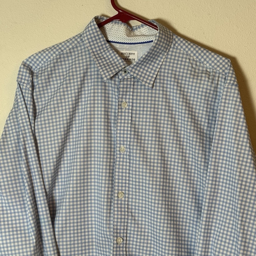 Society of Threads XL Blue White Gingham Comfort Stretch Slim Fit Shirt